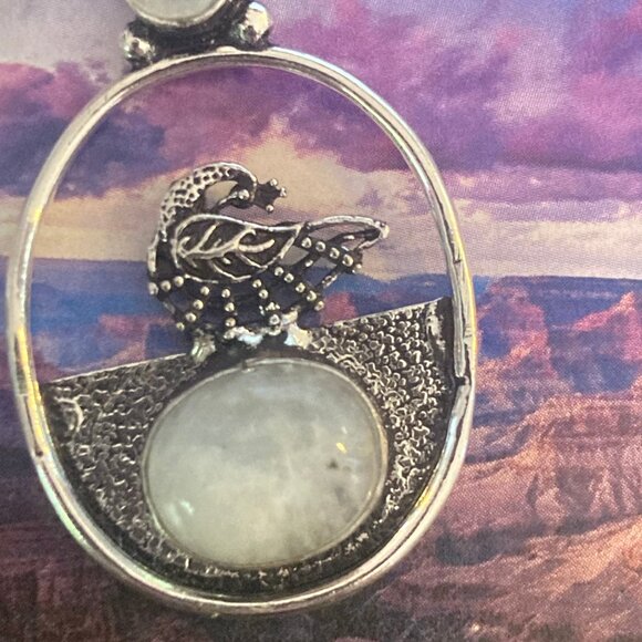 Rainbow Moonstone Handcrafted Dangle Earrings Marked 925 Silver. Birds. - Picture 3 of 4